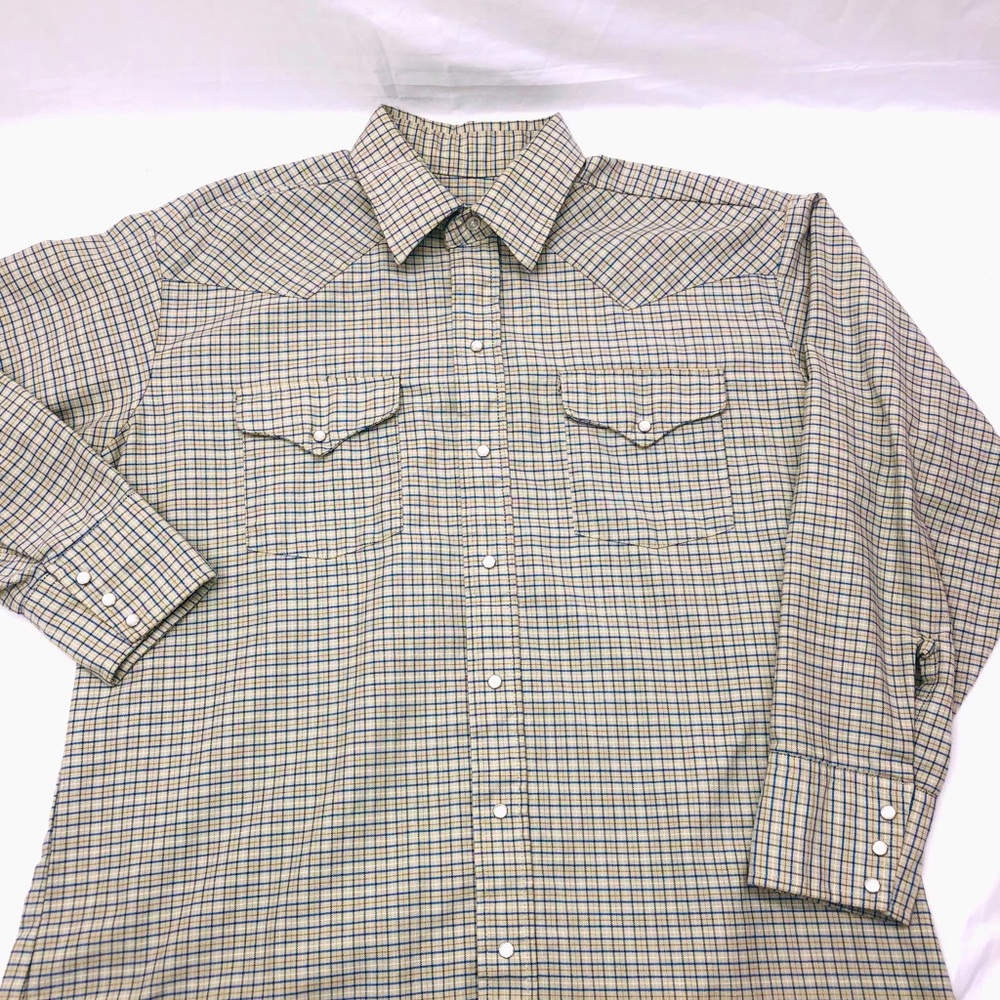 Taupe Gray Plaid Vintage Western Pearl Snap Shirt Size Large 17